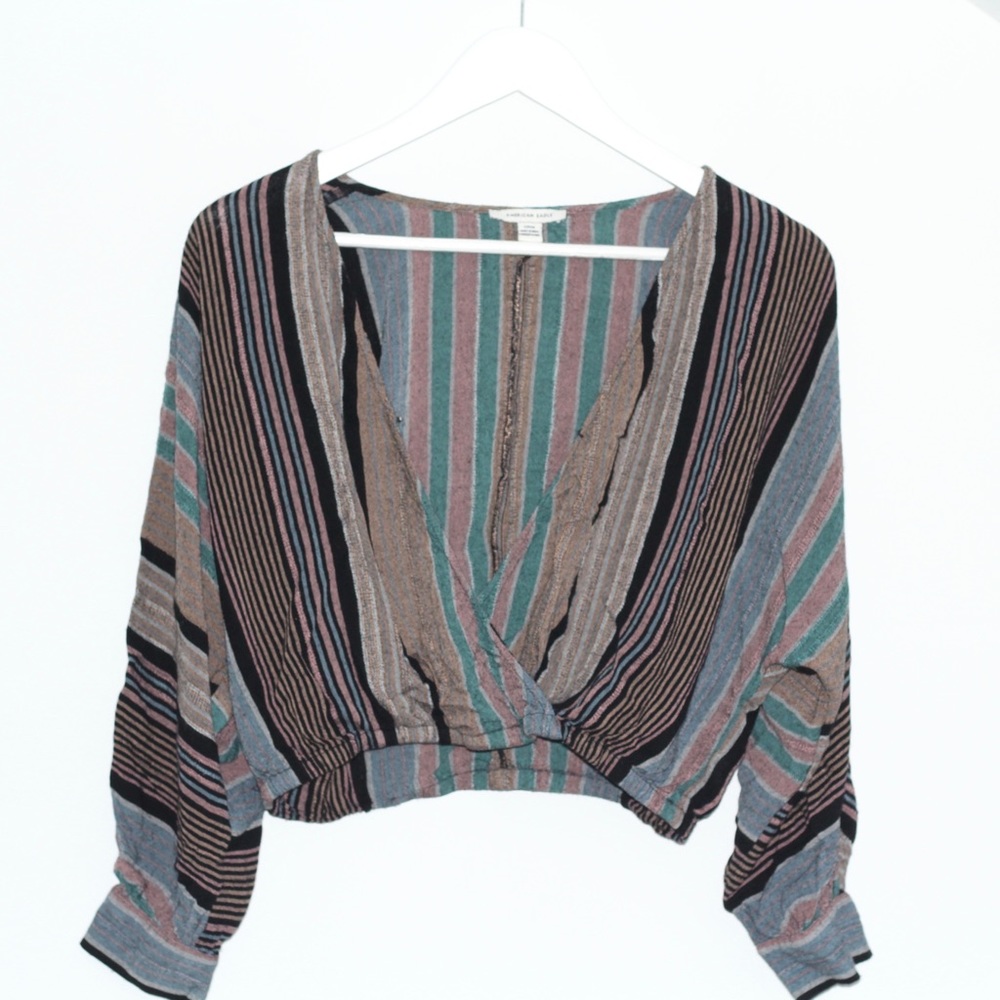 5/30 American Eagle Dark Striped Open Front Cropped Blouse